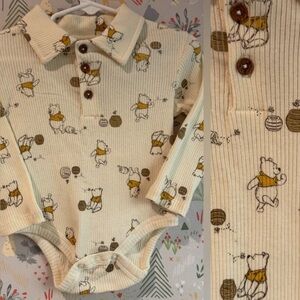 NWOT Retro Style Disney Winnie the Pooh Ribbed Collar Patterned Button Snap 9M